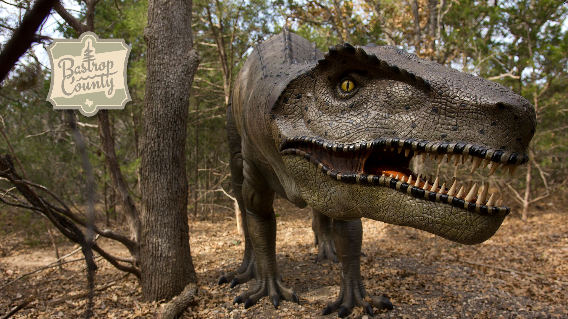 view of dinosaur sculpture along trail